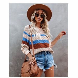 Lush Beige Striped Crewneck Sweater with Blue and Brown Accents